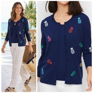 Talbots Navy Blue Colorful Pineapple Cardigan 3/4 Sleeve Button Front Size Large